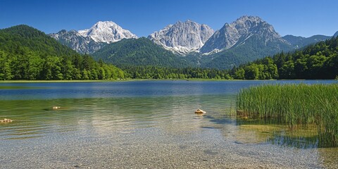 Sticker - Crystal clear lake with a view of snow capped mountains.