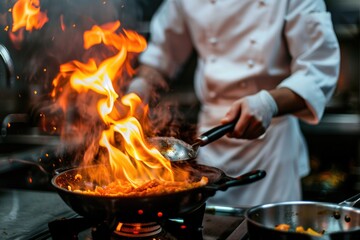 A chef prepares meal on a stove with various ingredients and utensils