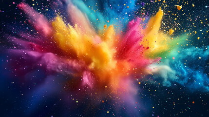 Dark background with a vibrant explosion of colorful powder, creating a dynamic abstract. Clouds of colorful sand and colored powder exploding.