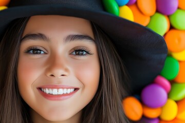 Poster - Woman wearing a black hat and smiling. She has a white smile. The Witch with Colorful Treats