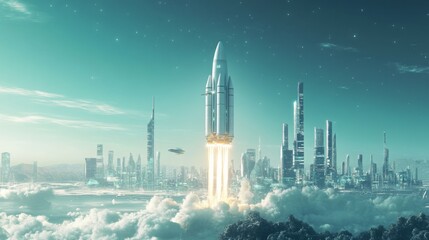 Fototapete - A sleek rocket ascends into the twilight sky from a bustling futuristic city, with towering skyscrapers and wispy clouds below. The scene captures a blend of advanced technology and urban life.