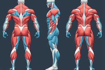 Man with blue and red muscles is shown in three different positions. V-cut muscles on the back, with an isometric view of muscle texture and red color to highlight its structure,