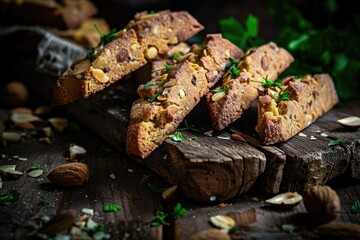 Poster - A rustic wooden cutting board topped with sliced bread