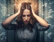 © theshooter - Mujer con problemas con las manos en la cabeza y lineas de presión alrededor concepto dolor de migraña ansiedad o conflictos mentales estrés y malestar emocional y psicológico