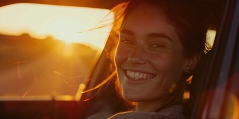 A smiling woman sits in the passenger seat of a car, with a calm and relaxed expression