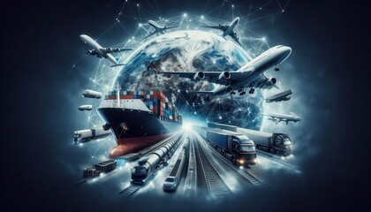 Various modes of transport encircling the globe, signifying the interconnectedness of global transportation..Concept: International transportation, Global Connectivity