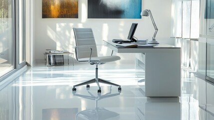 Poster - An office chair with a white leather seat and chrome frame sits near a white desk in a modern office. The floor is white and shiny. There is a window to the left and a glass partition to the right.