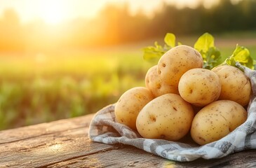 Freshly picked potatoes on a wooden table with a blurred background of a field.