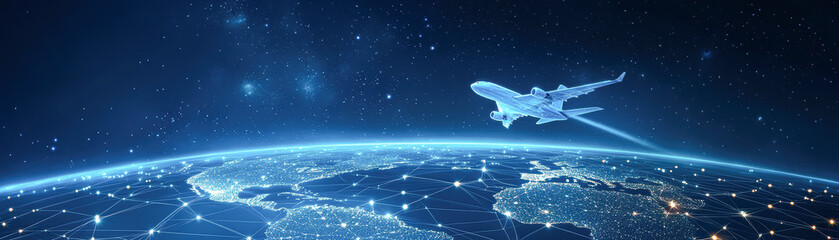 Wall Mural - a blue and white image of a plane flying through the night sky