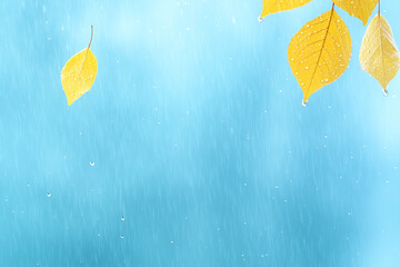 Wall Mural - golden leaves glistening in the rain against a vibrant blue background during autumn