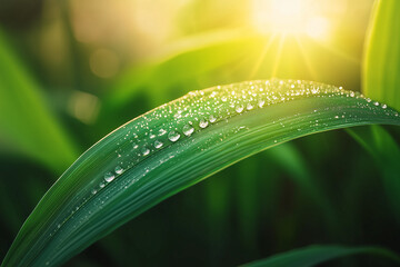 Macro shot of glistening dew drops on a green leaf, with beautiful texture and soft morning light, creating a stunning natural background