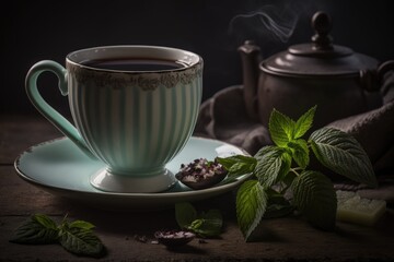 Close-up of a steaming cup of white tea accompanied by tea leaves on a moody, rustic table. Hot drink in a mug