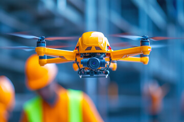 A construction crew using drones for site inspection in an urban environment during the day