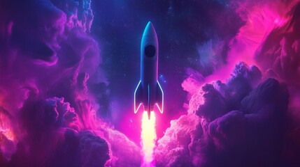 Aufkleber - A rocket ascends through a stunning display of colorful nebula clouds under a starry sky, illuminating the darkness with bright flames. The vibrant hues create a mesmerizing cosmic atmosphere.