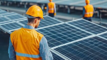 Solar panel manufacturing plant, topdown view of automated assembly lines, bright natural light, workers in the background overseeing the process