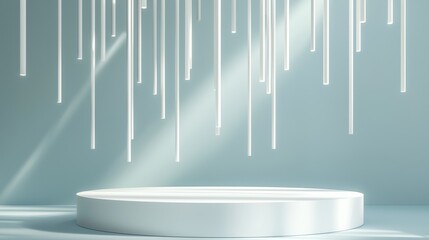 Wall Mural - A white, circular stage with a glass-like texture, set against a light blue background wall