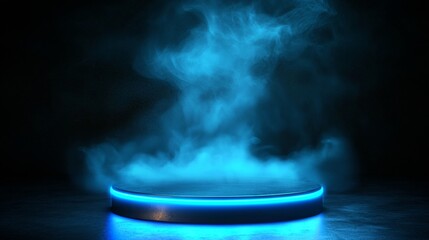 Wall Mural - Abstract blue glowing podium with smoke and circular background for product presentation