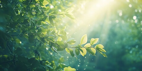 Sticker - Green leaves of a tree lit by the sun.