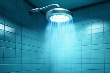 a modern showerhead releasing water in a bright blue tiled bathroom during daytime
