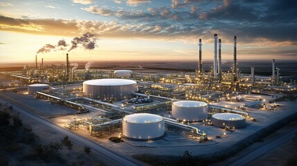 A highly integrated energy system where petroleum production meets cutting-edge green technology, sleek refineries and clean power stations in one landscape