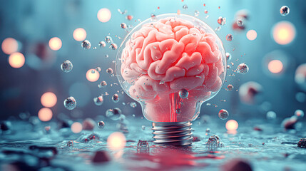 Canvas Print - A brain is inside a light bulb, surrounded by a lot of small, shiny objects