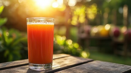 Refreshing Citrus Juice in Chilled Glass Against Soft Farm Background