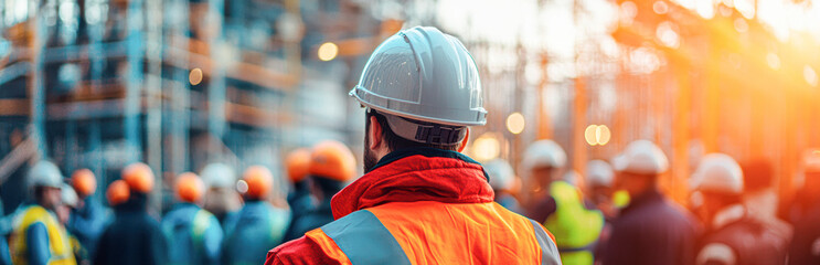 Poster - The scene is bustling with activity and the workers are all wearing safety gear