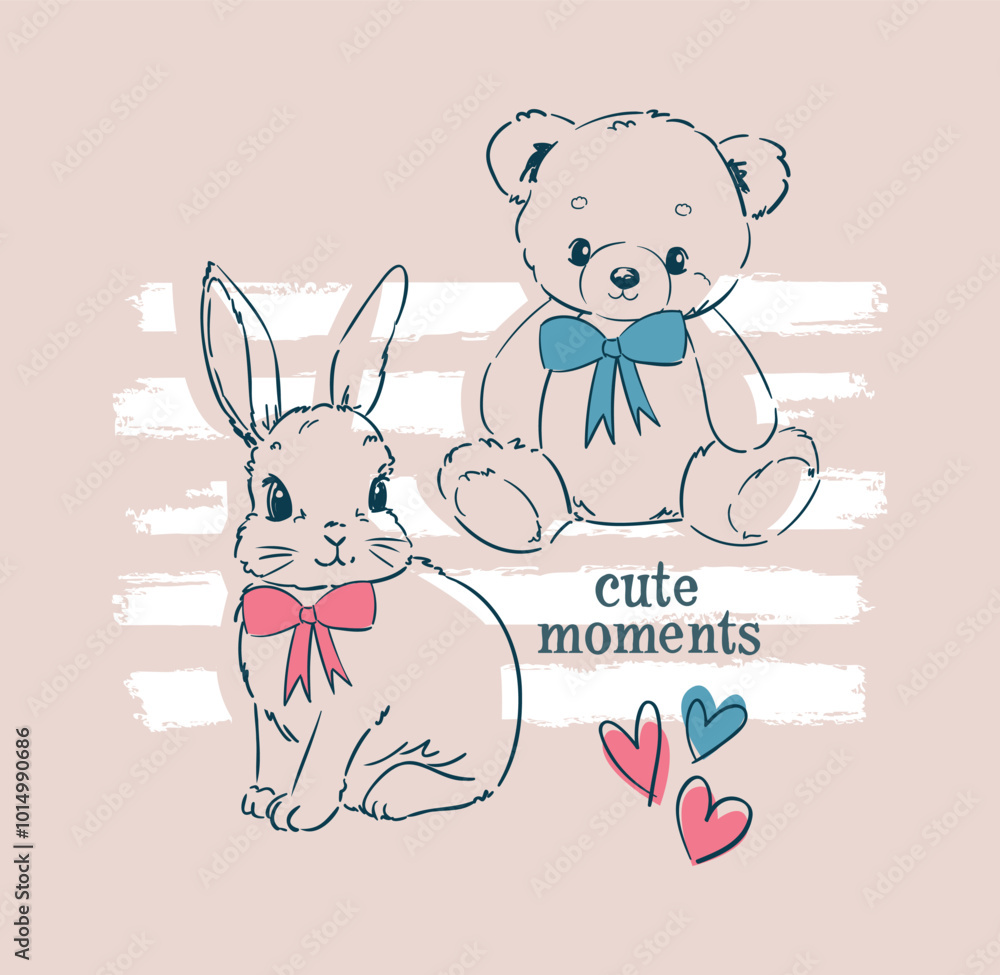 hand drawn cute bunny with teddy bear vector illustration trend design ...