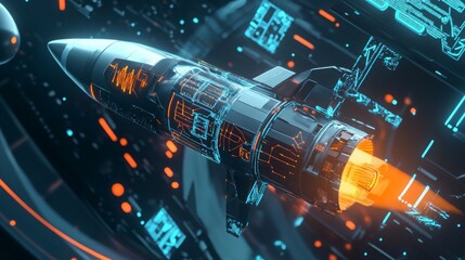 Aufkleber - A sleek rocket is propelled through a digital environment filled with glowing data displays and circuitry. The vibrant orange flames indicate powerful thrust as the rocket ventures into space.