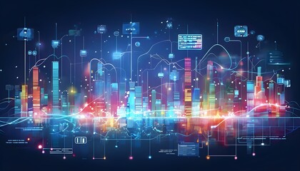 futuristic city skyline made of holographic blocks and digital particles, with abstract data connections