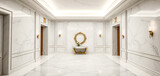 Fototapeta Zachód słońca - Empty vintage luxury room. White wooden walls marble floor in retro style, elegant LED lights with dramatic lighting. Vintage elegance, home or hotel entrance hallway corridor. Generative AI