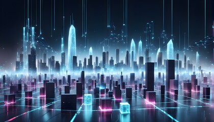 futuristic city skyline made of holographic blocks and digital particles, with abstract data connections