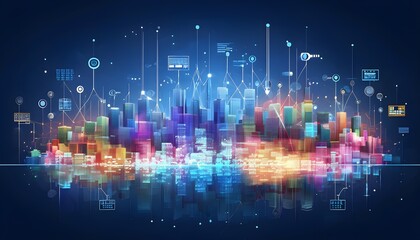 futuristic city skyline made of holographic blocks and digital particles, with abstract data connections