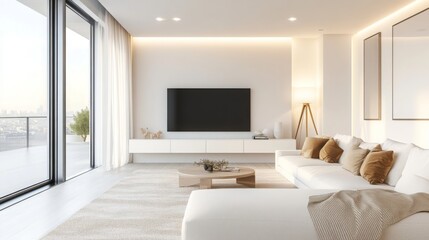 Aufkleber - A living room featuring a white sectional sofa with brown throw pillows and a blanket. There is a large flat-screen television mounted above a white cabinet