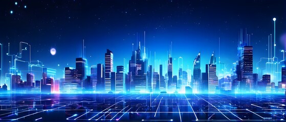 futuristic city skyline made of holographic blocks and digital particles, with abstract data connections