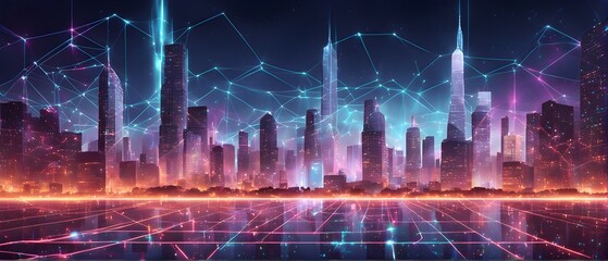 futuristic city skyline made of holographic blocks and digital particles, with abstract data connections