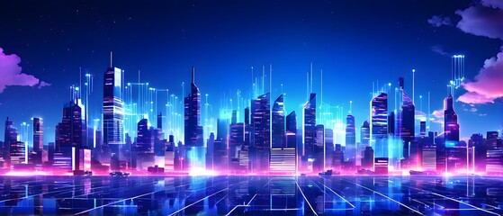 futuristic city skyline made of holographic blocks and digital particles, with abstract data connections