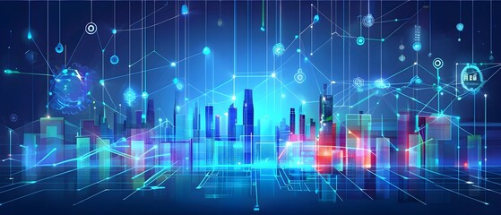 futuristic city skyline made of holographic blocks and digital particles, with abstract data connections