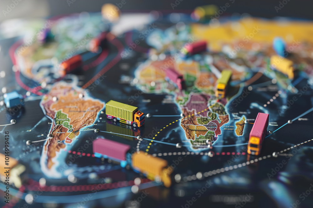 Globe map of the world with many different types of courier and truck ...