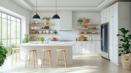 Wall Mural - A modern kitchen with white cabinets, wooden shelves, and a white kitchen island with three wooden stools