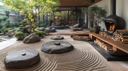 Wall Mural - A tranquil Zen garden, with meticulously raked sand and carefully arranged stones, sits beside a cozy fireplace with logs stacked, 