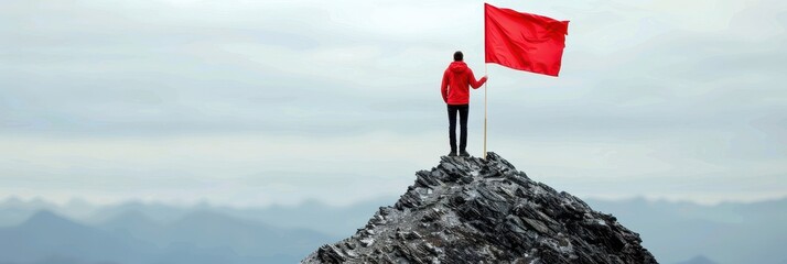 A man in a red jacket stands on a rocky mountain peak holding a red flag, symbolizing achievement, success, and reaching the summit after a challenging journey.