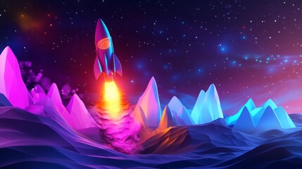 Aufkleber - A rocket ascends dramatically from a breathtaking, colorful alien terrain filled with striking mountains under a twinkling night sky. The scene captures a sense of adventure and exploration.
