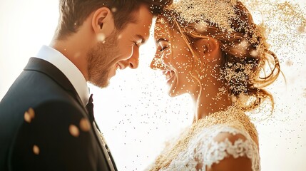 Poster - Happy wedding photography of bride and groom at wedding ceremony. Wedding tradition sprinkled with rice and grain on white color background professional photography  