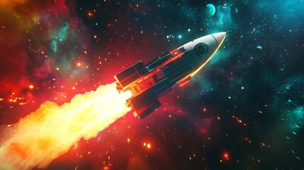 Poster - A white and black spaceship with a glowing yellow tail is accelerating through space. The rocket is surrounded by a starfield with red, green, and blue nebulae.