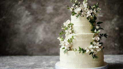 Wall Mural - Simple white wedding cake with glaze and flowers on a gray background.  