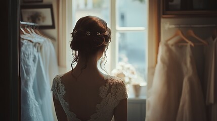 Wall Mural - Elegant bride woman girl with hairdress from back in a boutique choosing her dream wedding Gown, dresses on hangers near the window  