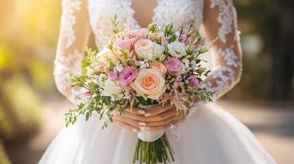 Poster - Bride in white wedding dress holding a splendid bridal bouquet 