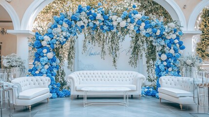 Poster - A blue and white wedding reception with a large archway and a white couch 