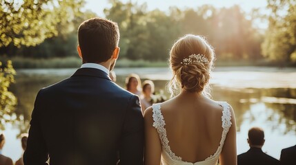 Wall Mural - This beautiful image captures a newlywed couple from behind, facing their guests during an outdoor wedding ceremony by a tranquil lake 